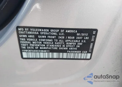 2012 Volkswagen Passat 2.0L Tdi Sel Premium z USA, uszkodzony, nr VIN 1VWCN7A3XCC094811
